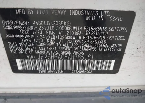 2010 Subaru Forester 2.5X из США, поврежденный, VIN JF2SH6AC5AH785181